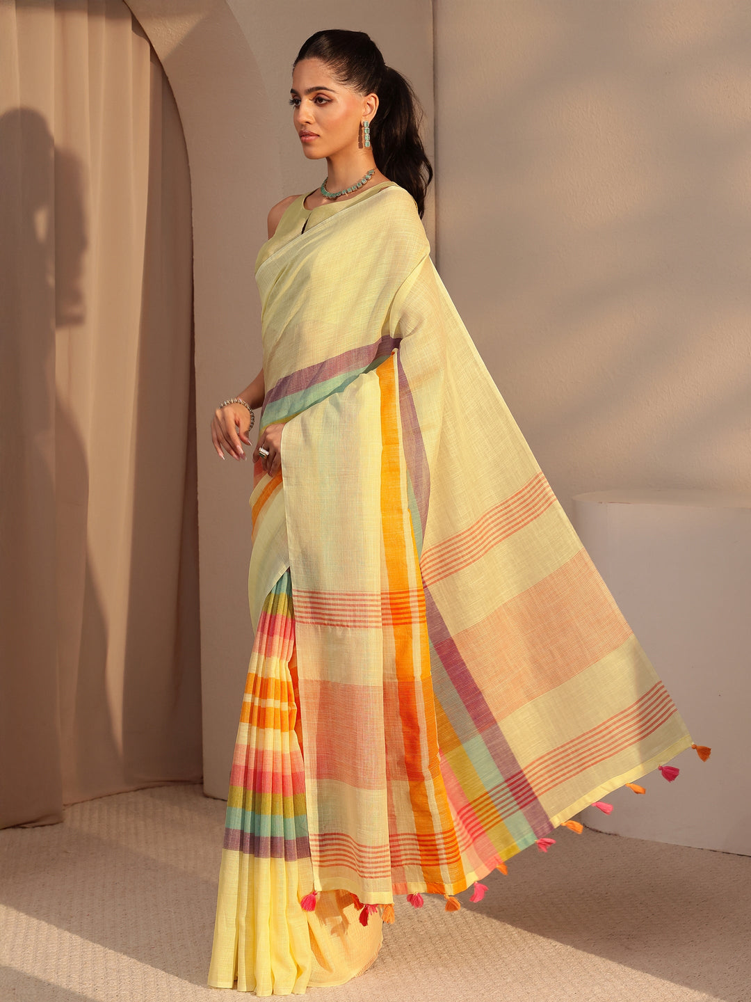  Yellow Colorblock Printed Cotton Blend Saree 