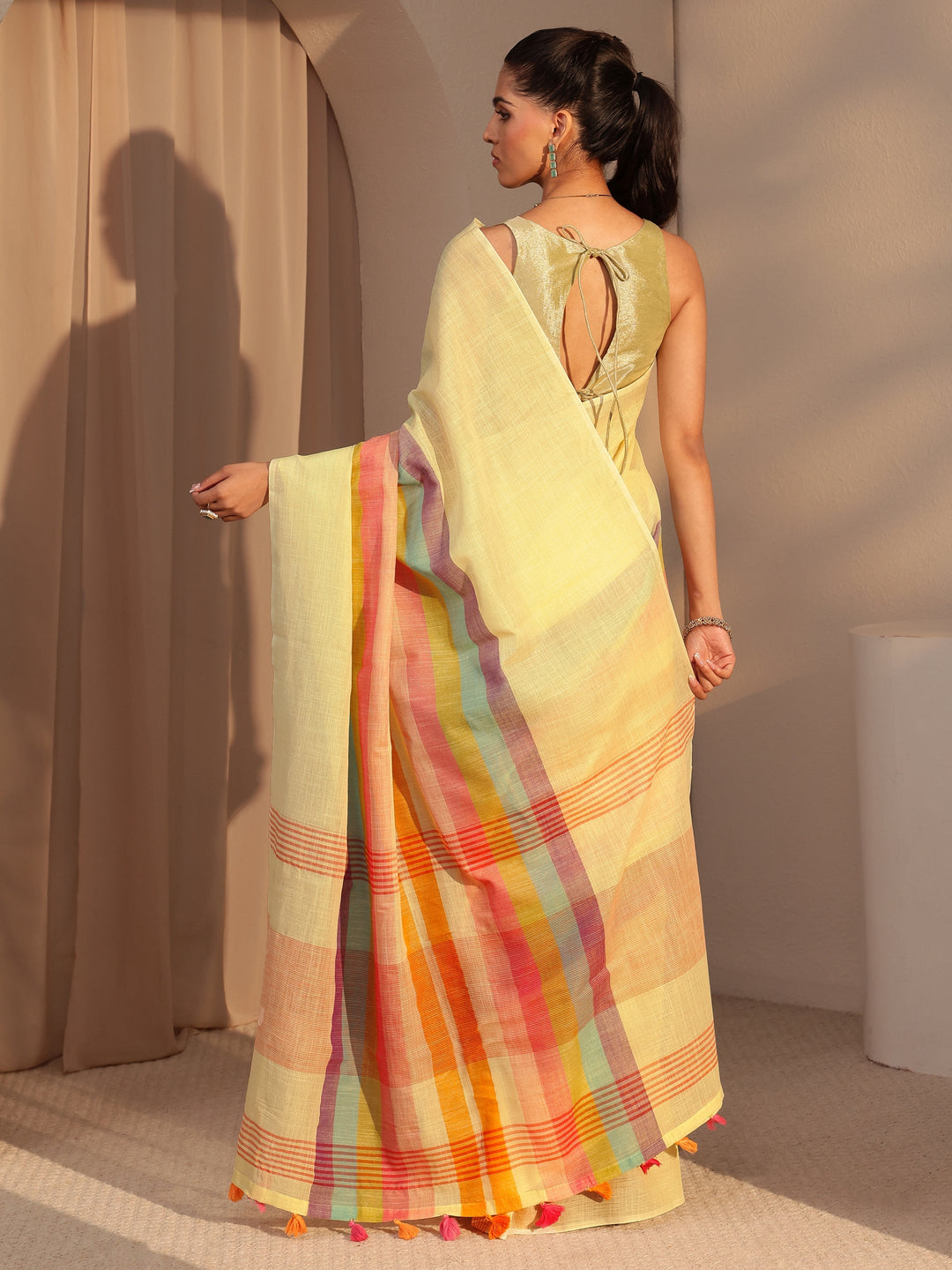  Yellow Colorblock Printed Cotton Blend Saree 