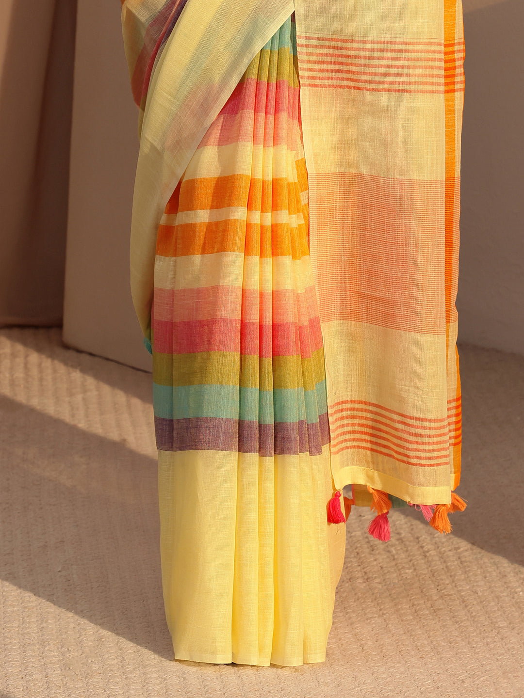  Yellow Colorblock Printed Cotton Blend Saree 
