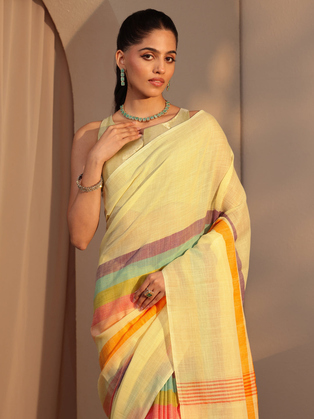  Yellow Colorblock Printed Cotton Blend Saree 