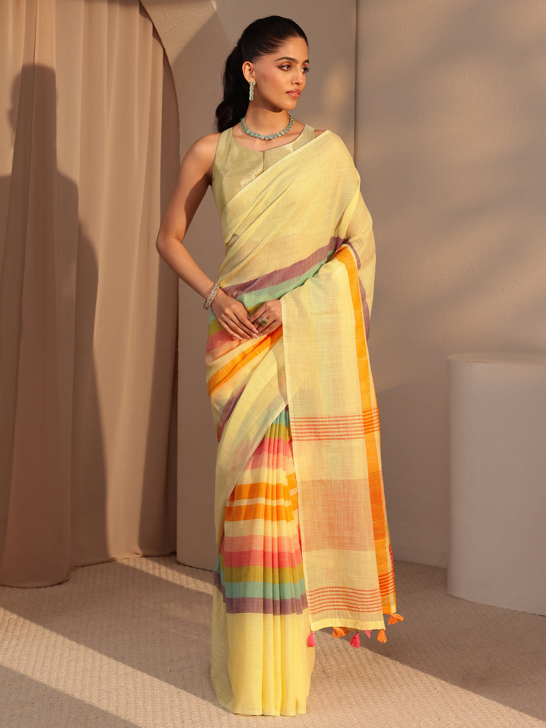  Yellow Colorblock Printed Cotton Blend Saree 