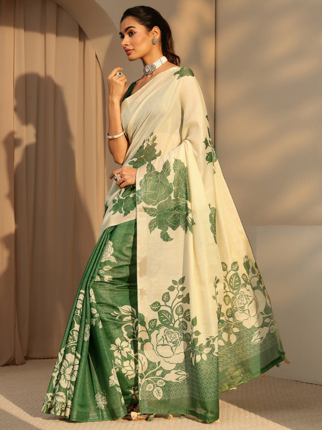  Forest Green Floral Printed Cotton Blend Saree 