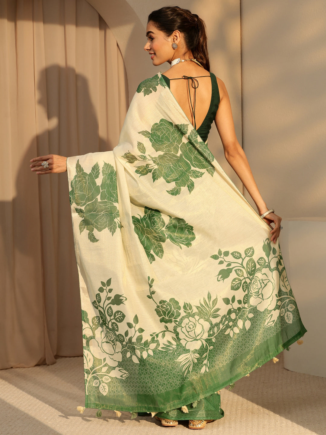  Forest Green Floral Printed Cotton Blend Saree 
