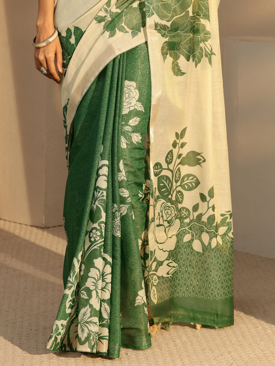  Forest Green Floral Printed Cotton Blend Saree 