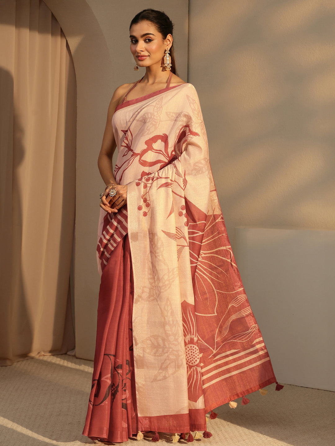  Brown Floral Printed Cotton Blend Saree 