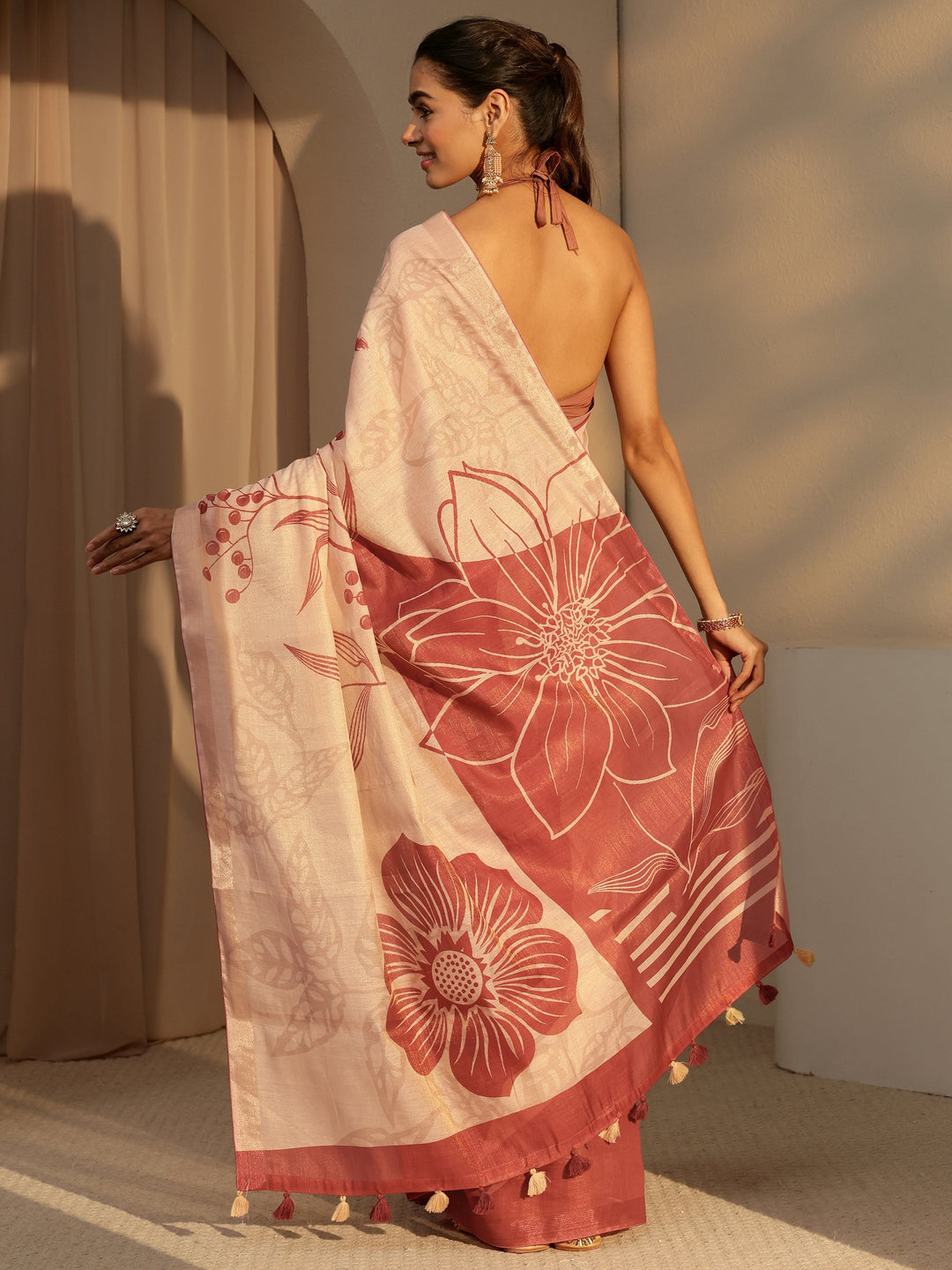 Brown Floral Printed Cotton Blend Saree 