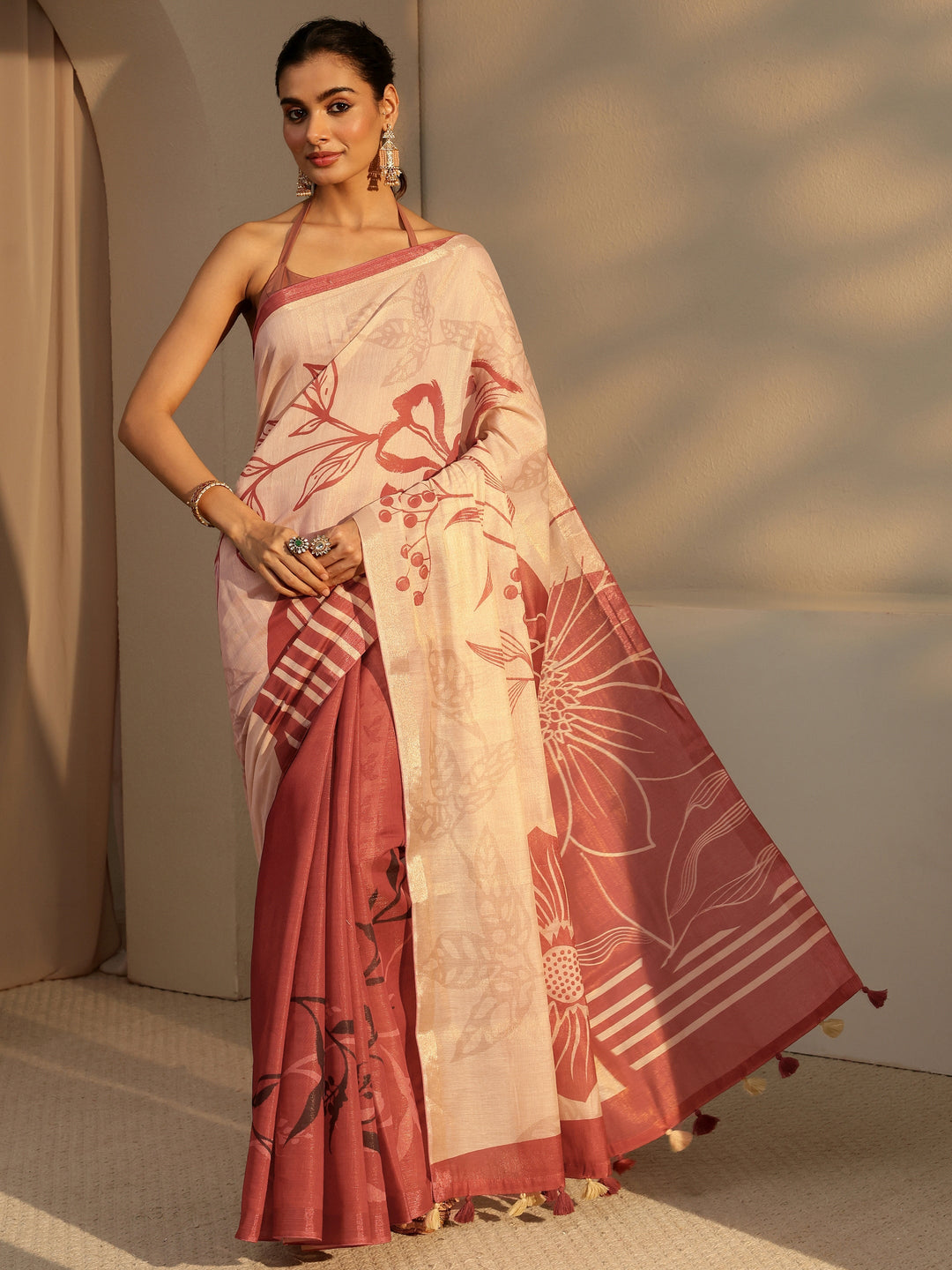 Brown Floral Printed Cotton Blend Saree 