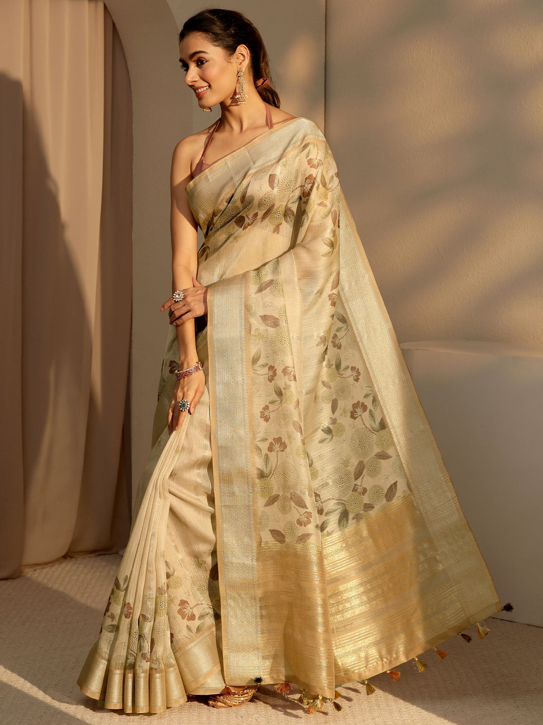  Beige Floral Printed Cotton Blend Saree 