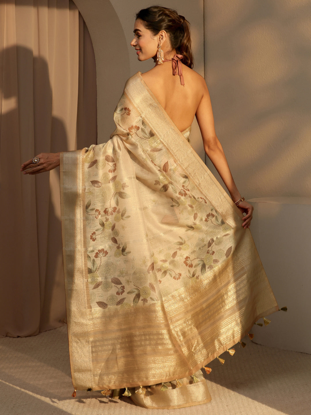  Beige Floral Printed Cotton Blend Saree 