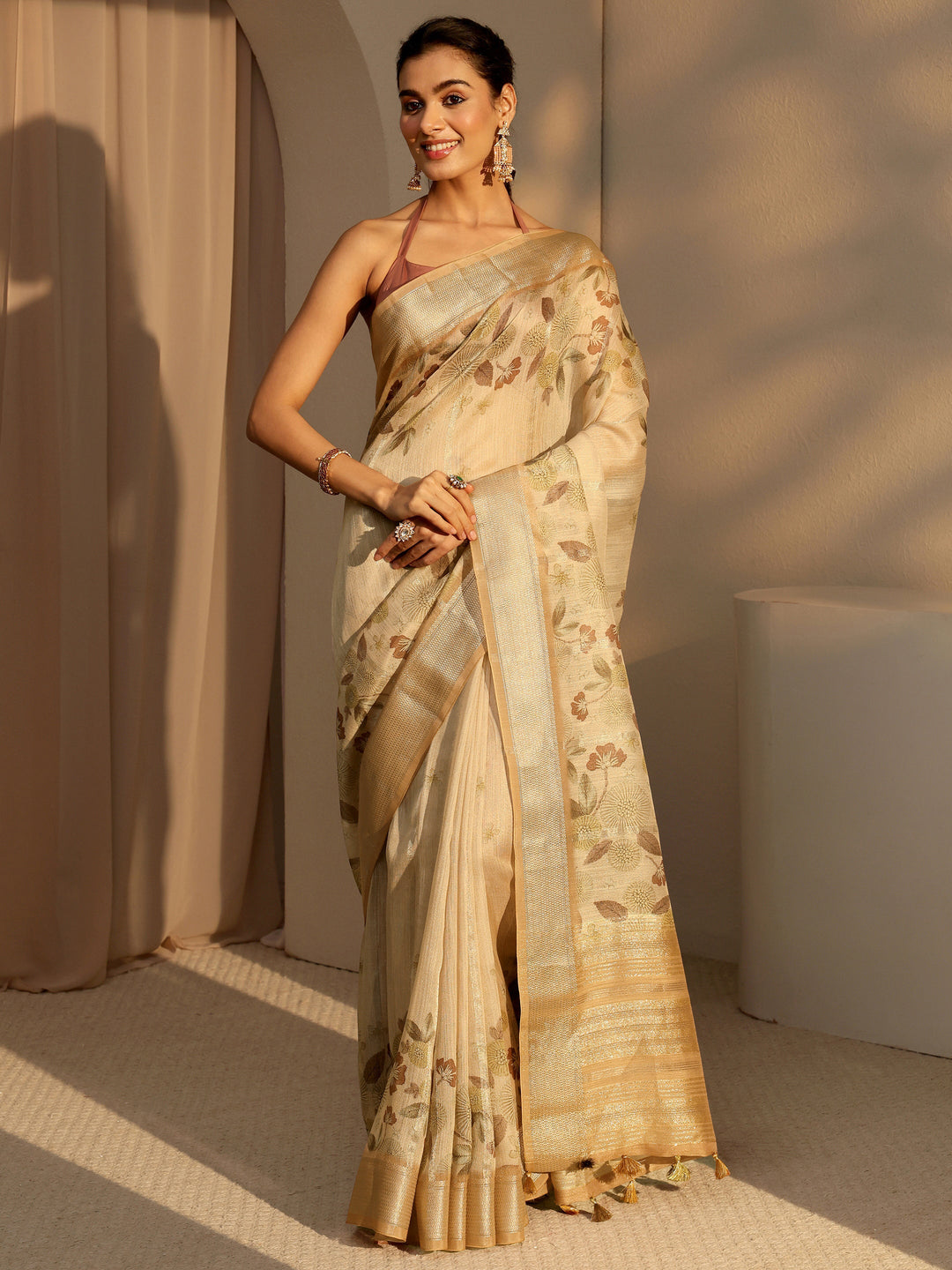  Beige Floral Printed Cotton Blend Saree 