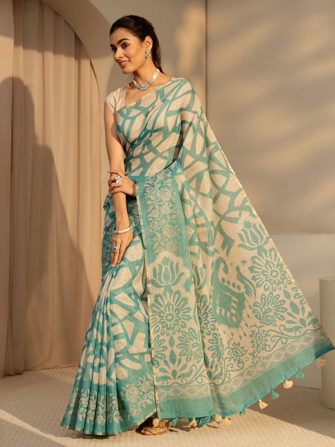  Powder Blue Abstract Printed Cotton Blend Saree 