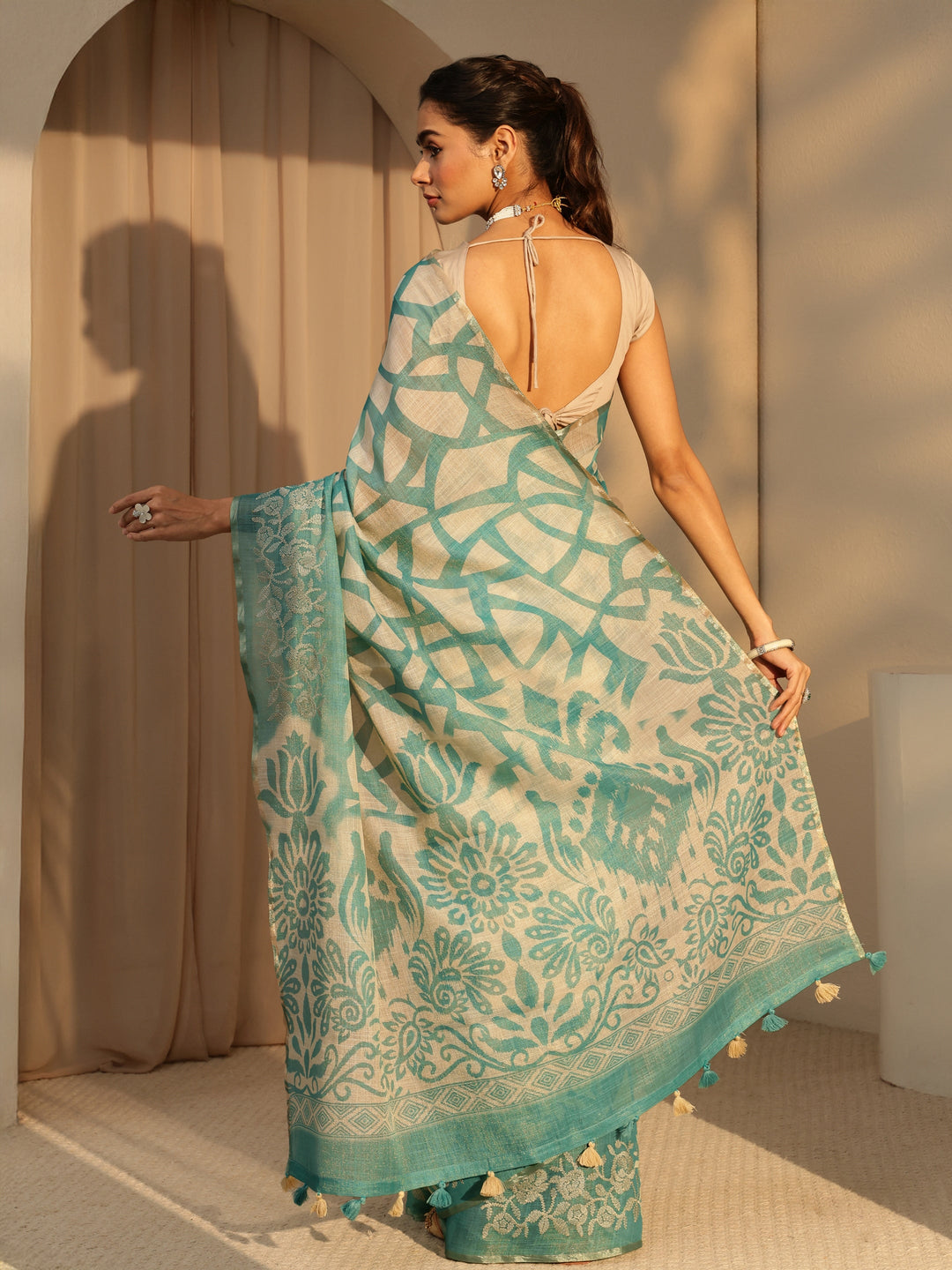  Powder Blue Abstract Printed Cotton Blend Saree 