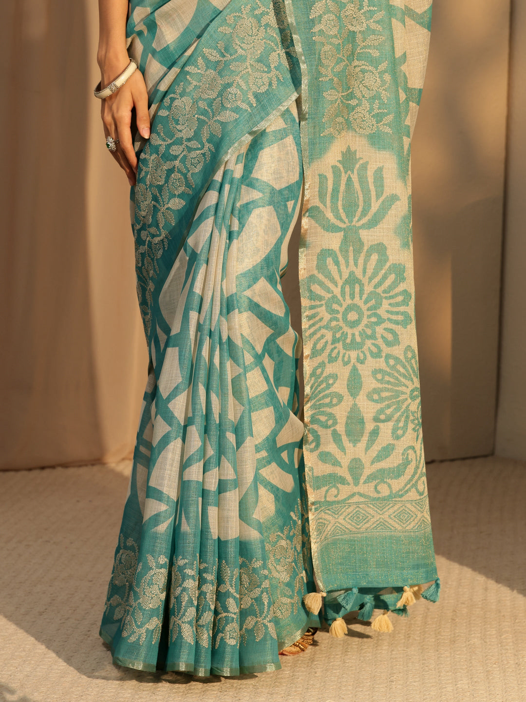  Powder Blue Abstract Printed Cotton Blend Saree 