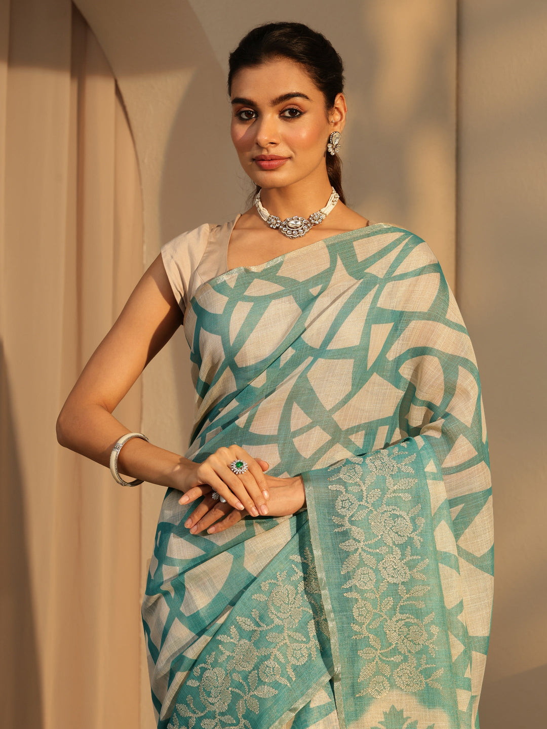  Powder Blue Abstract Printed Cotton Blend Saree 