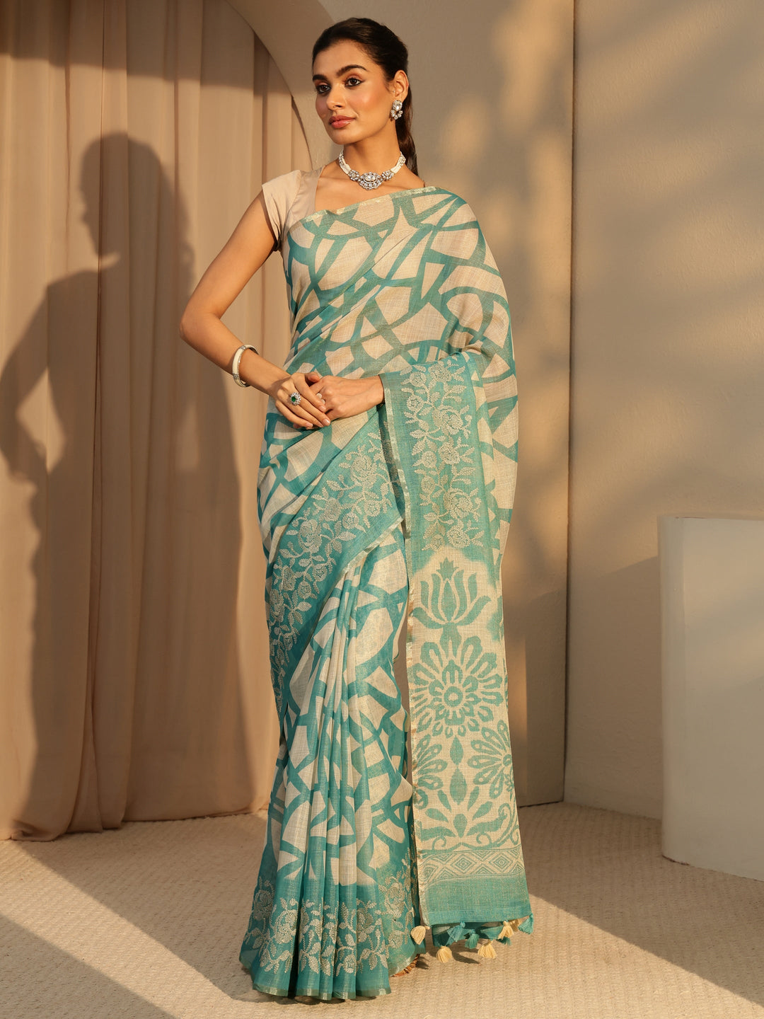  Powder Blue Abstract Printed Cotton Blend Saree 