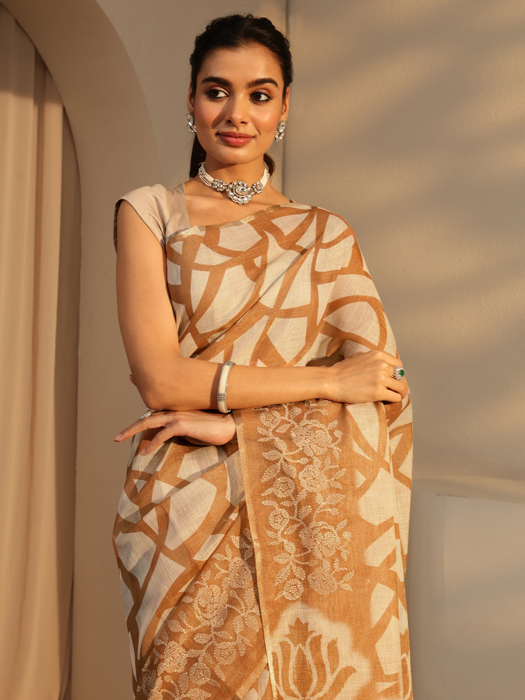 Brown Abstract Printed Cotton Blend Saree 