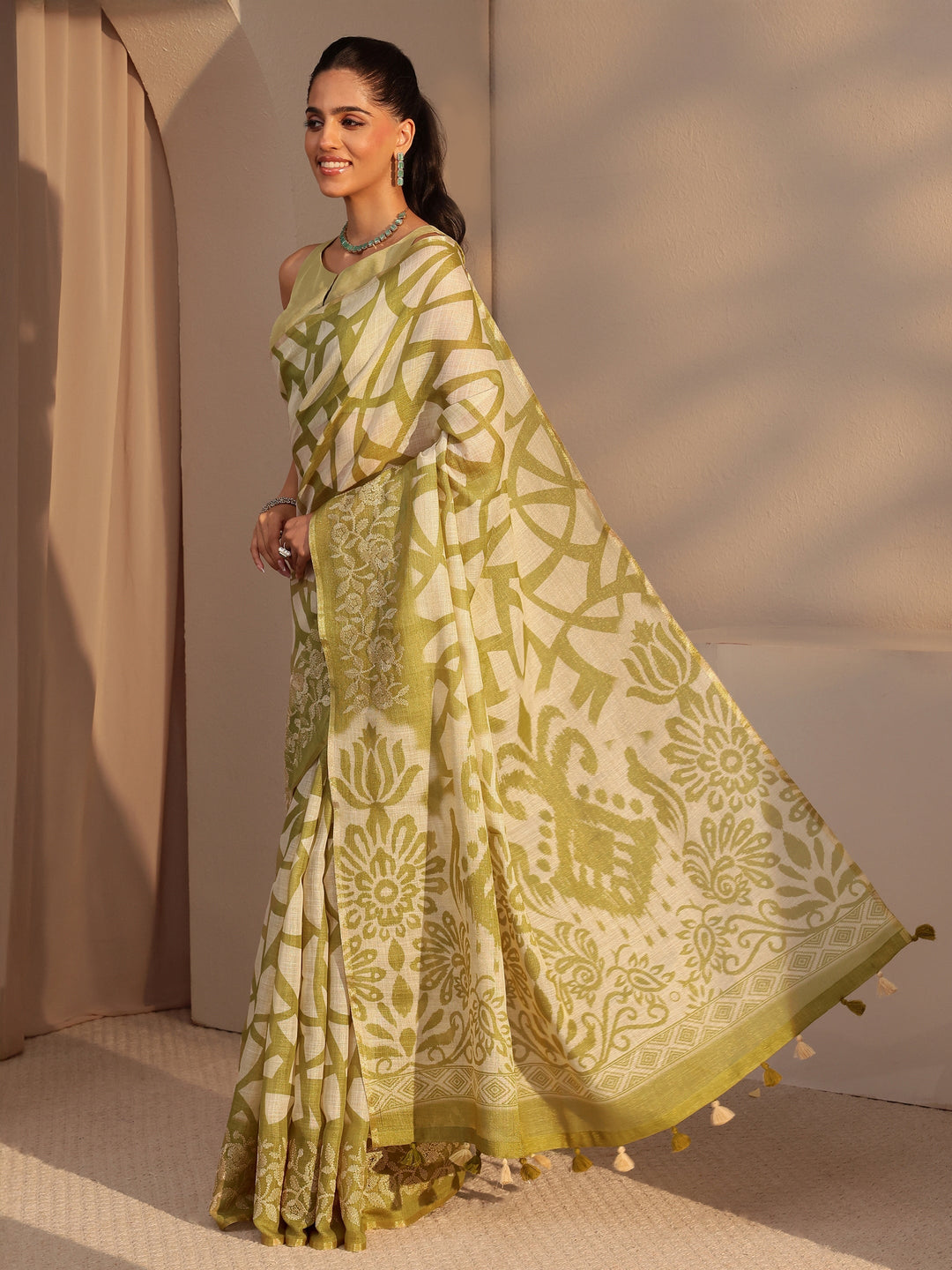  Light Olive Green Abstract Printed Cotton Blend Saree 