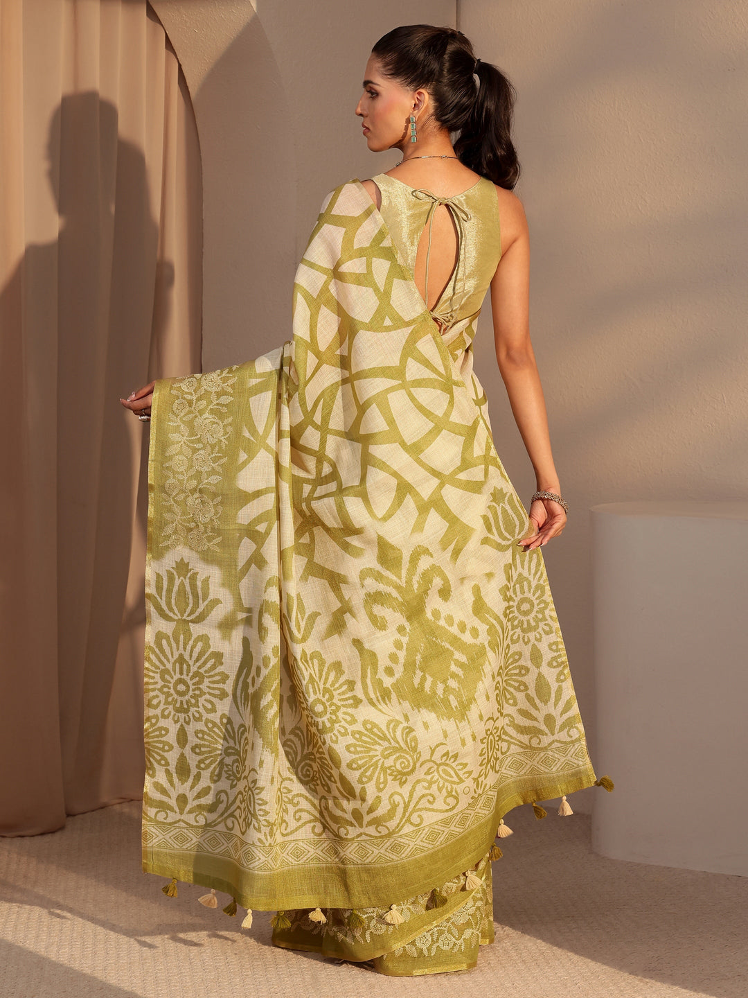  Light Olive Green Abstract Printed Cotton Blend Saree 