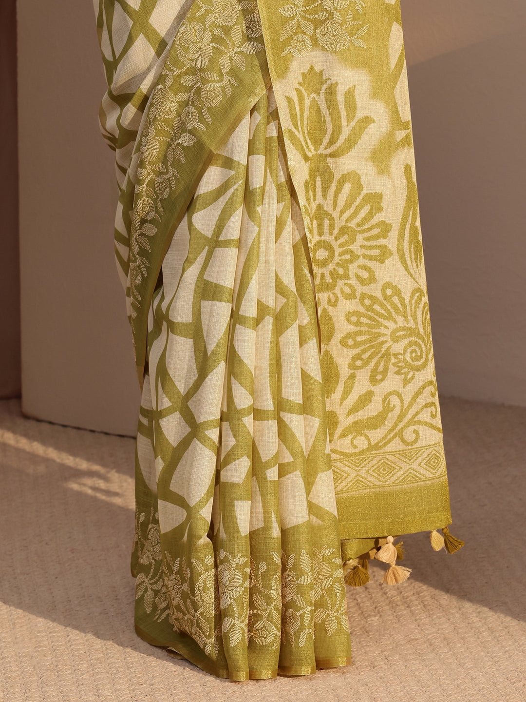  Light Olive Green Abstract Printed Cotton Blend Saree 