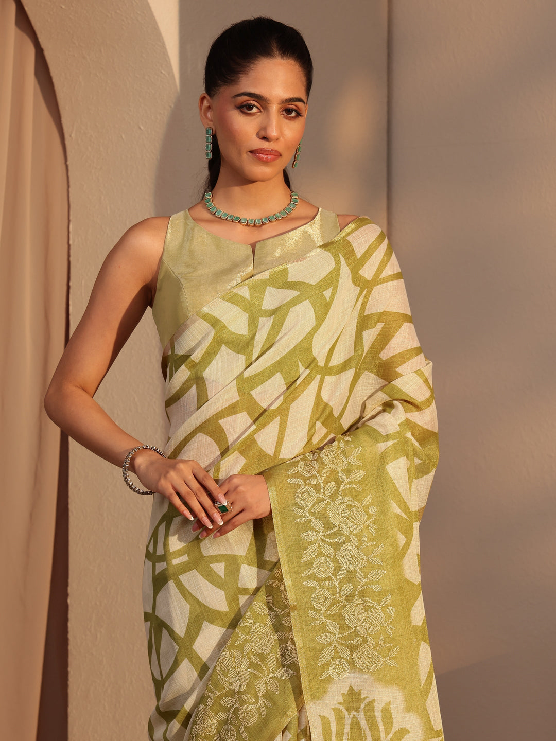  Light Olive Green Abstract Printed Cotton Blend Saree 