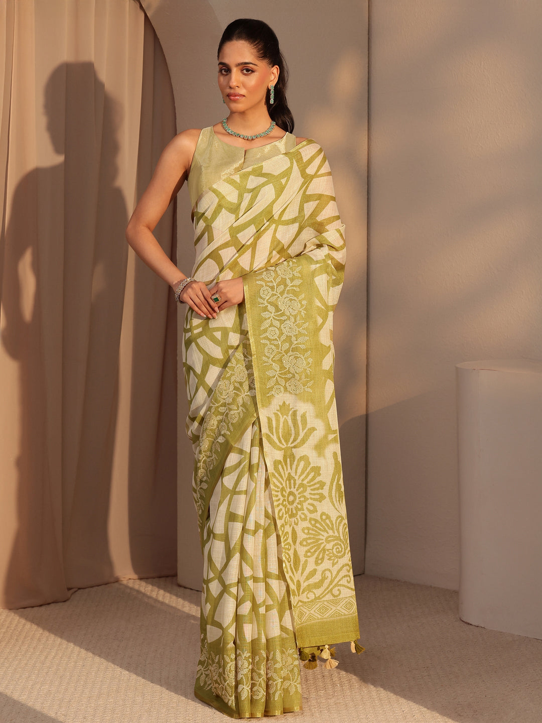  Light Olive Green Abstract Printed Cotton Blend Saree 