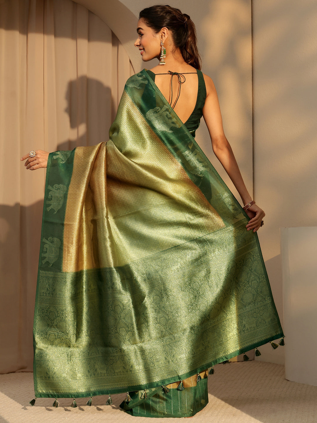  Green Gaja Motif Woven Design Cotton Blend Saree 