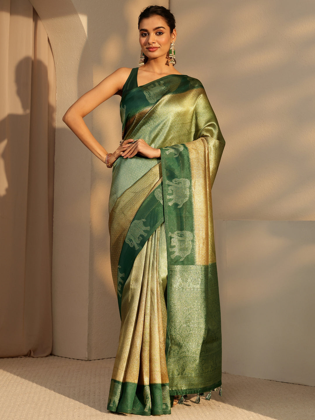  Green Gaja Motif Woven Design Cotton Blend Saree 