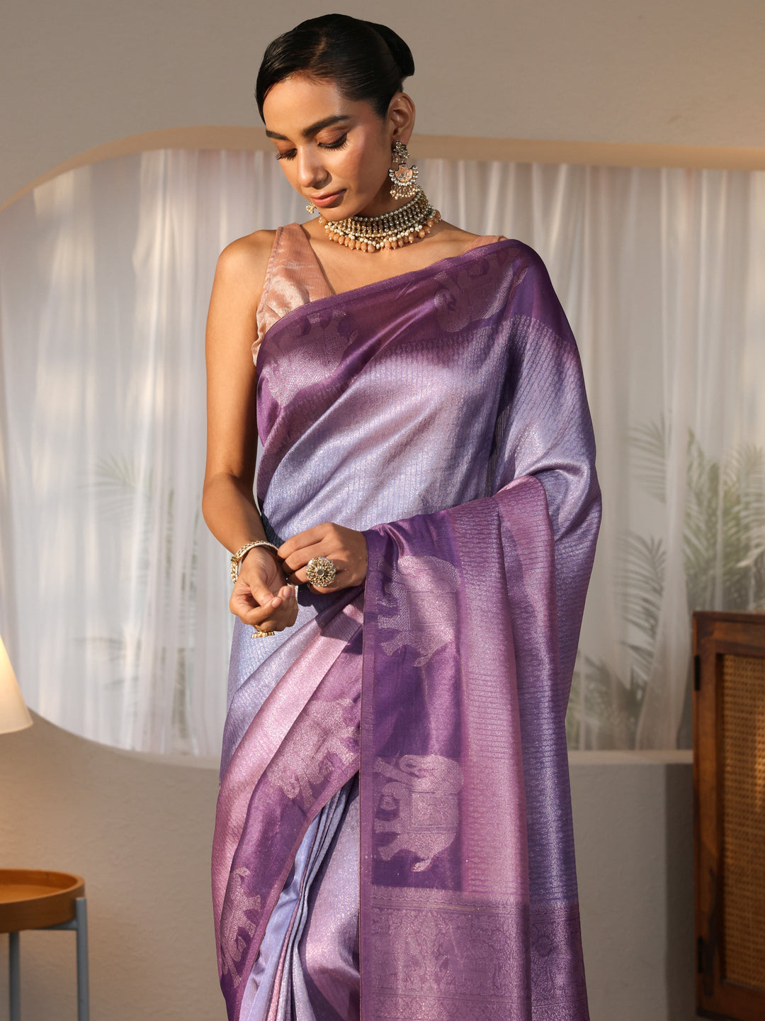  Purple Woven Design Cotton Blend Saree 