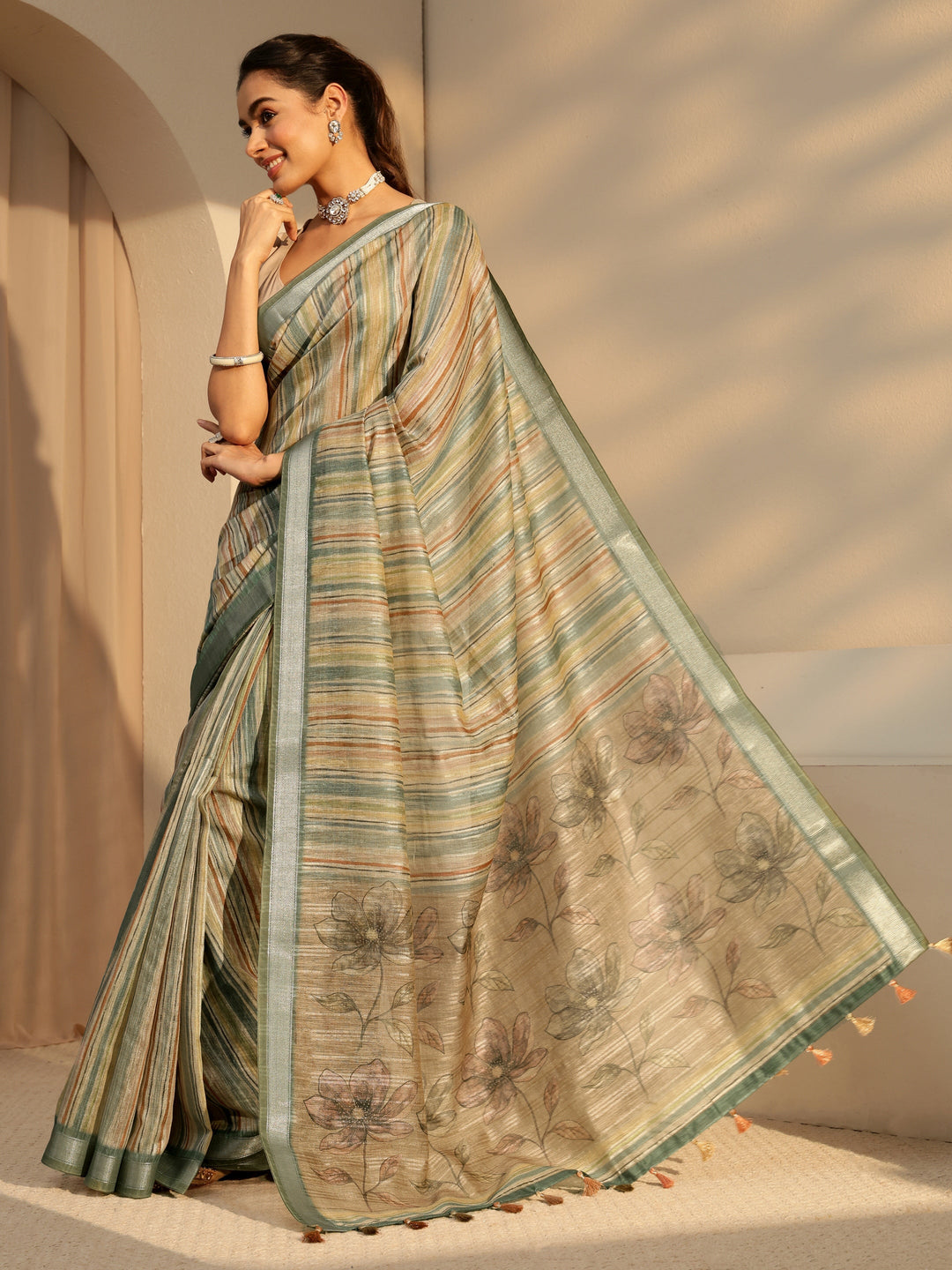  Multi Color Striped Cotton Blend Saree 