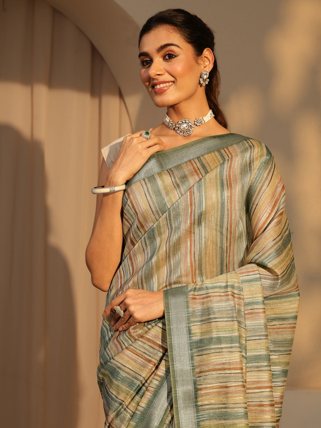  Multi Color Striped Cotton Blend Saree 