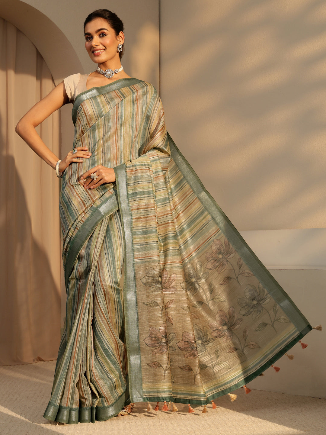  Multi Color Striped Cotton Blend Saree 