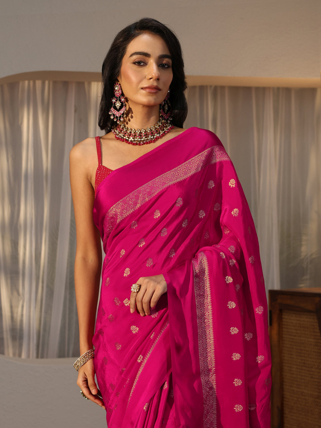  Rani Pink Woven Design Silk Blend Saree 