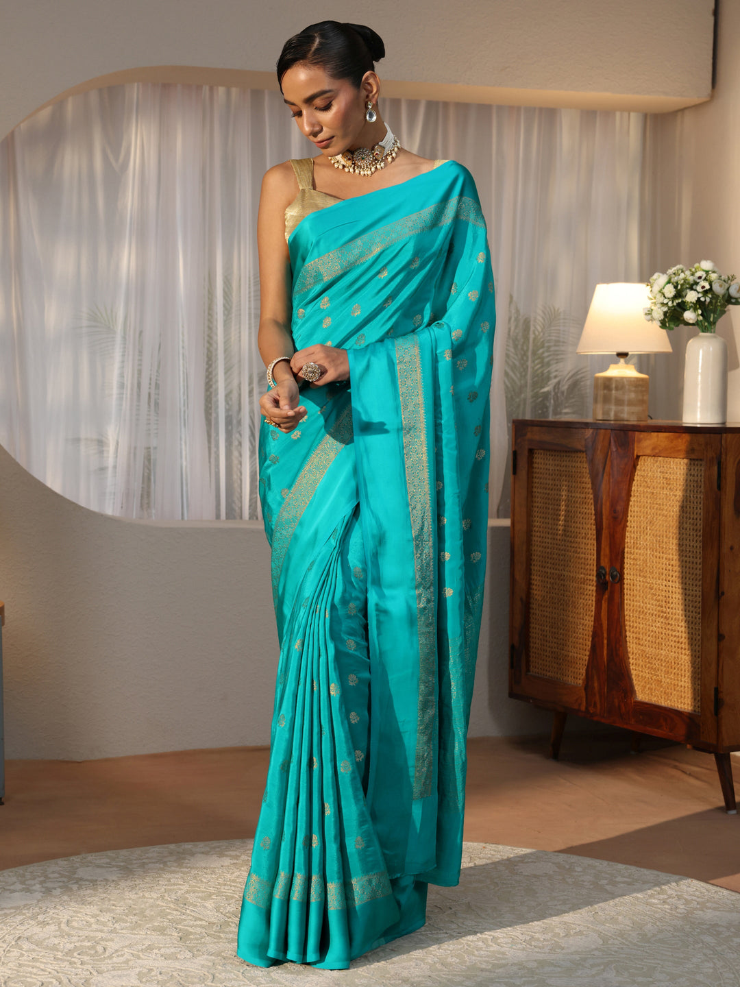  Aqua Blue Woven Design Silk Blend Saree 