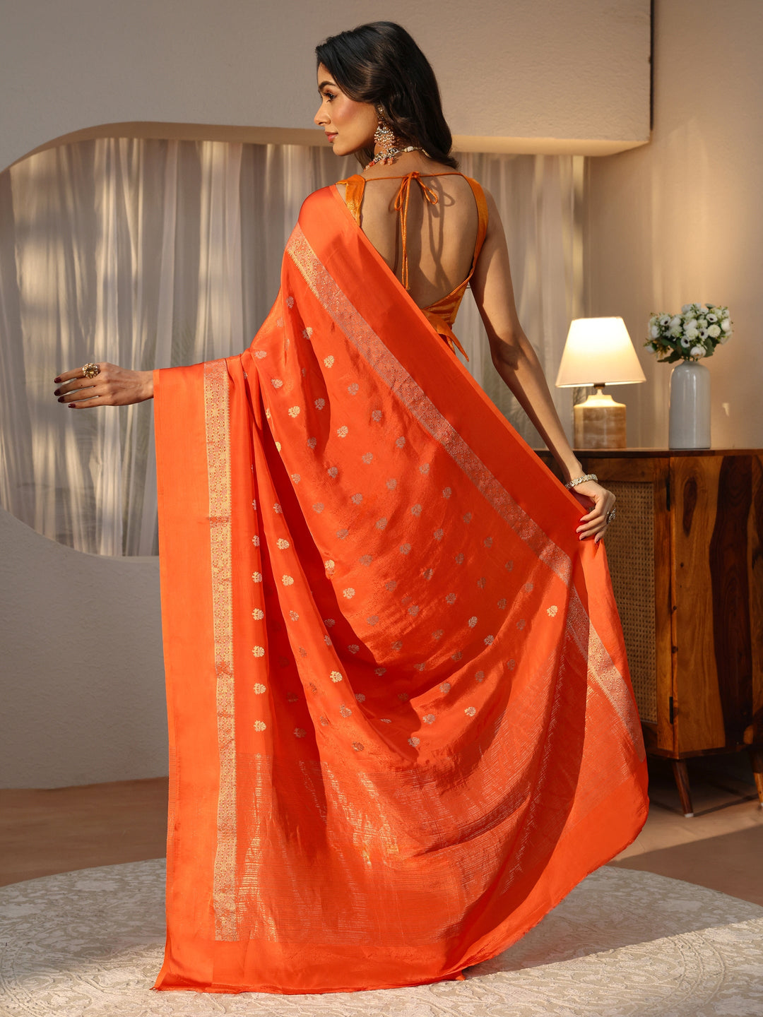  Orange Woven Design Silk Blend Saree 