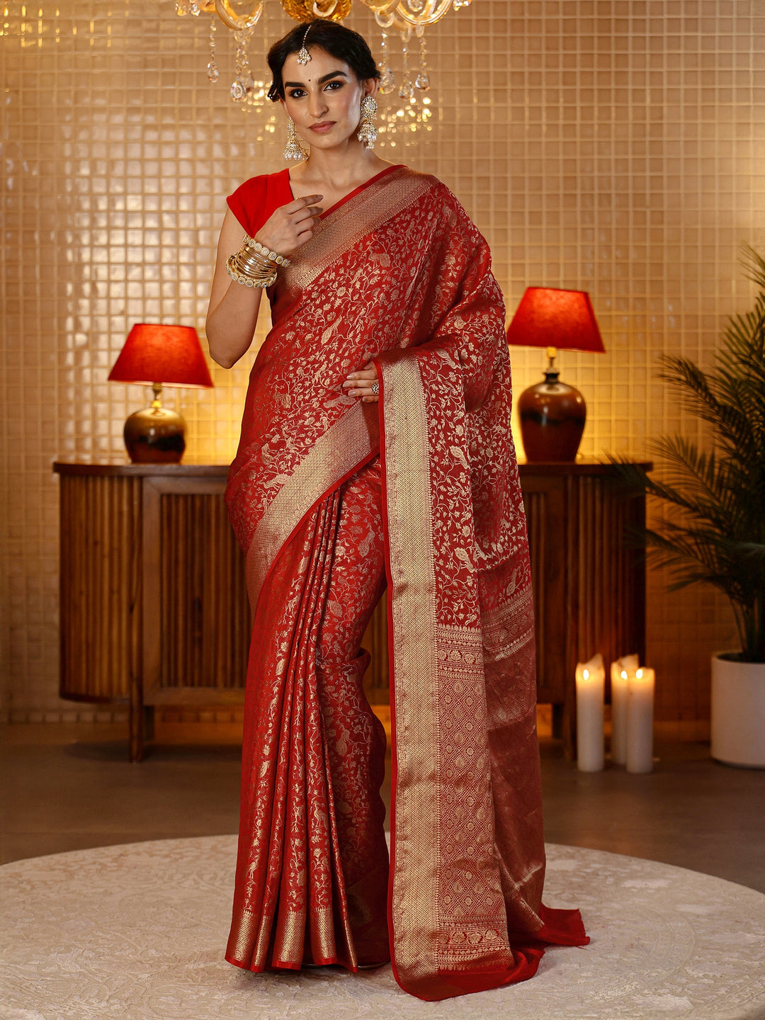 Crimson Red Banarasi Silk Blend Saree 