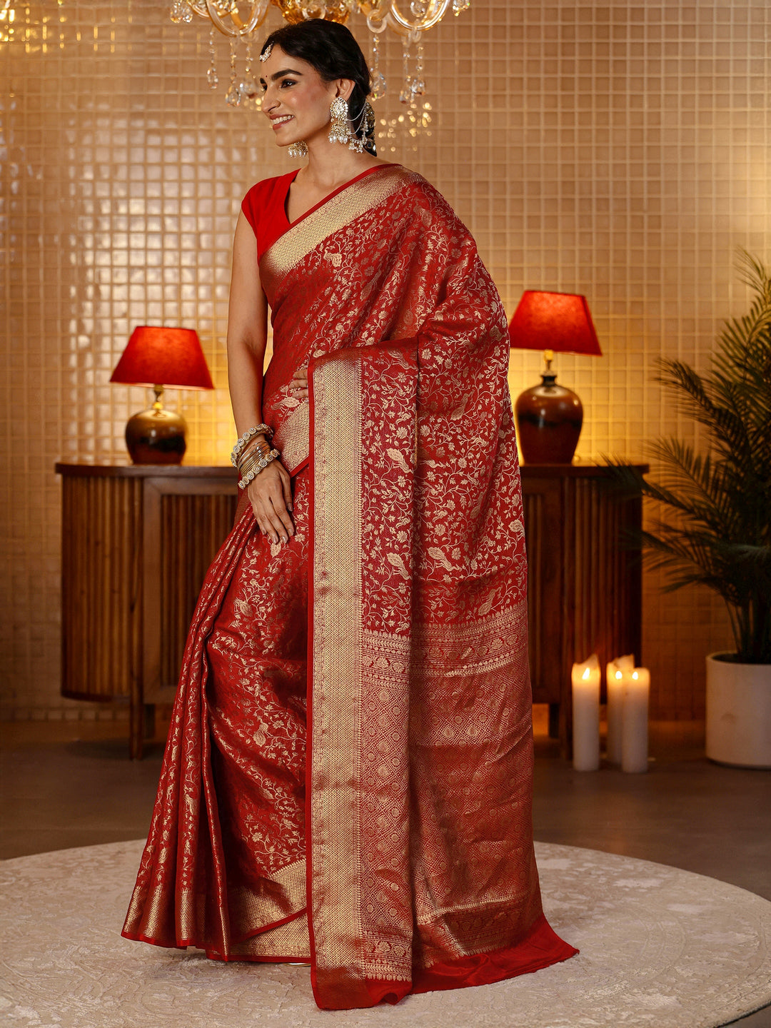  Crimson Red Banarasi Silk Blend Saree 