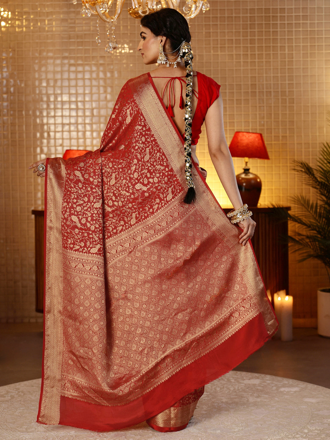  Crimson Red Banarasi Silk Blend Saree 