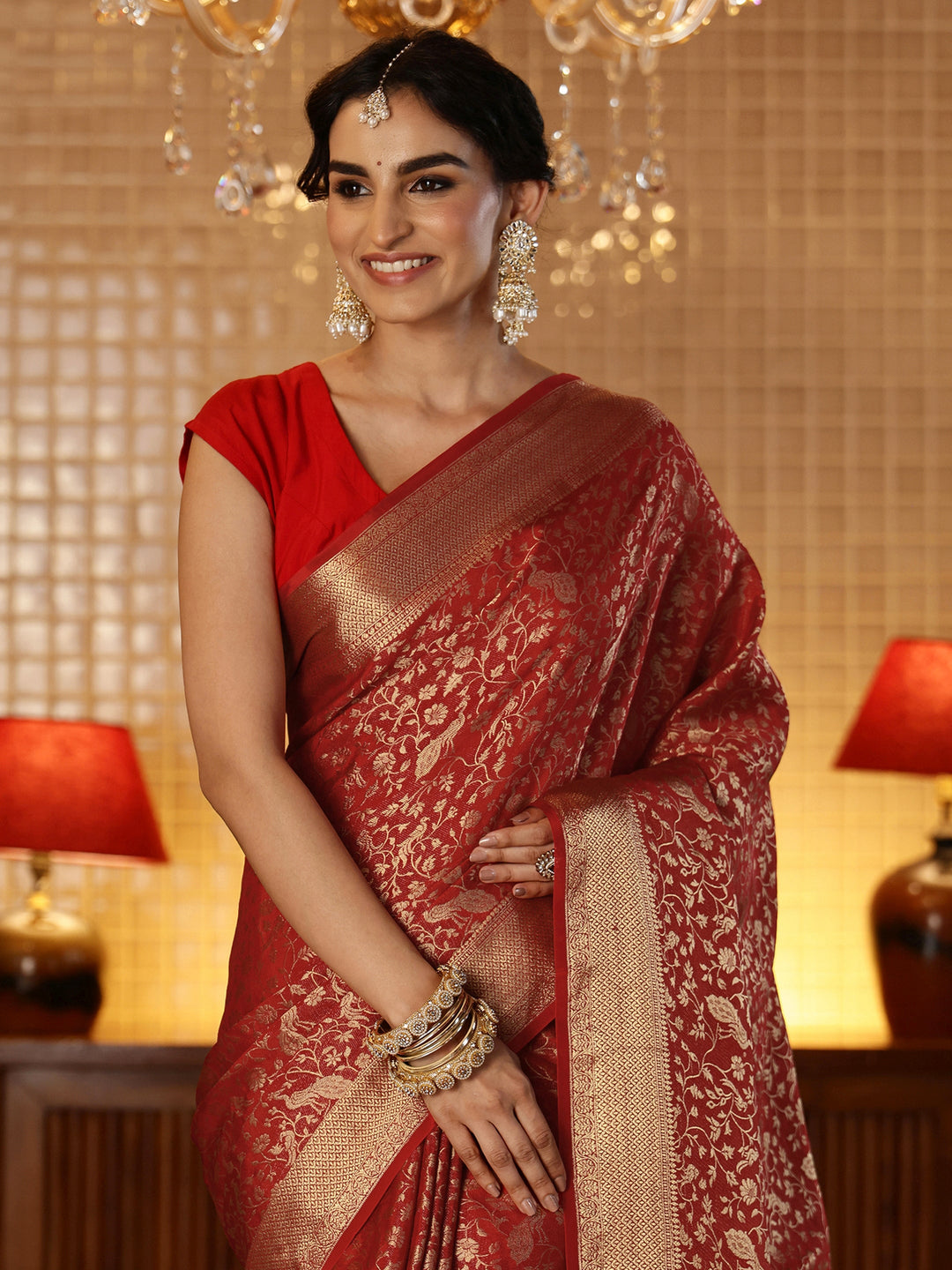  Crimson Red Banarasi Silk Blend Saree 