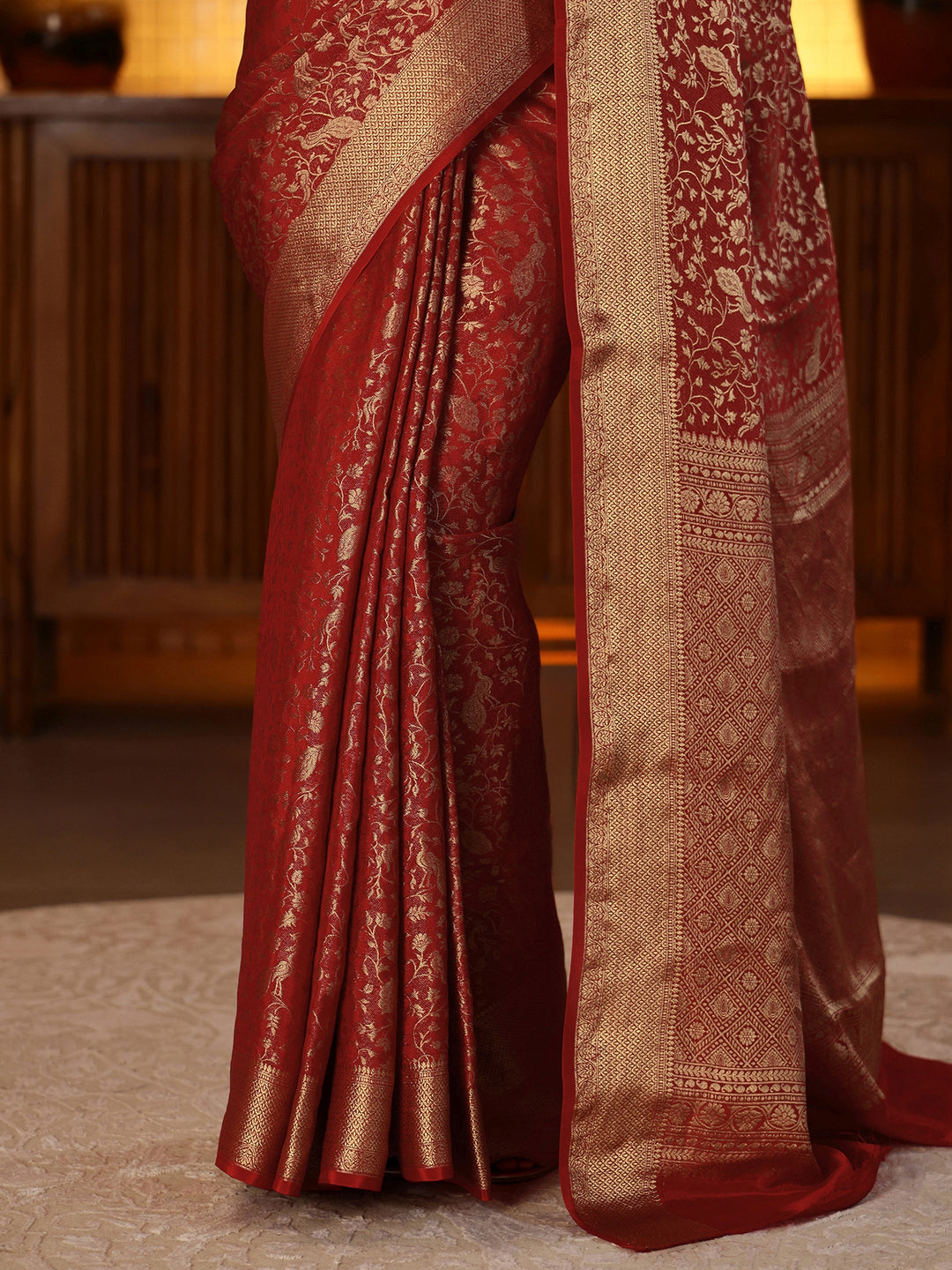  Crimson Red Banarasi Silk Blend Saree 