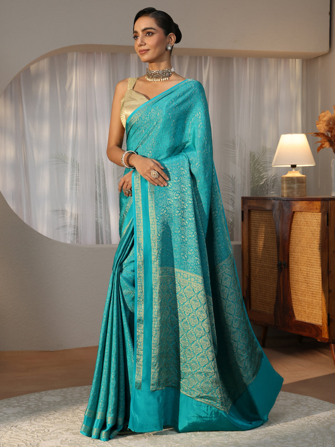  Teal Green Banarasi Silk Blend Saree 