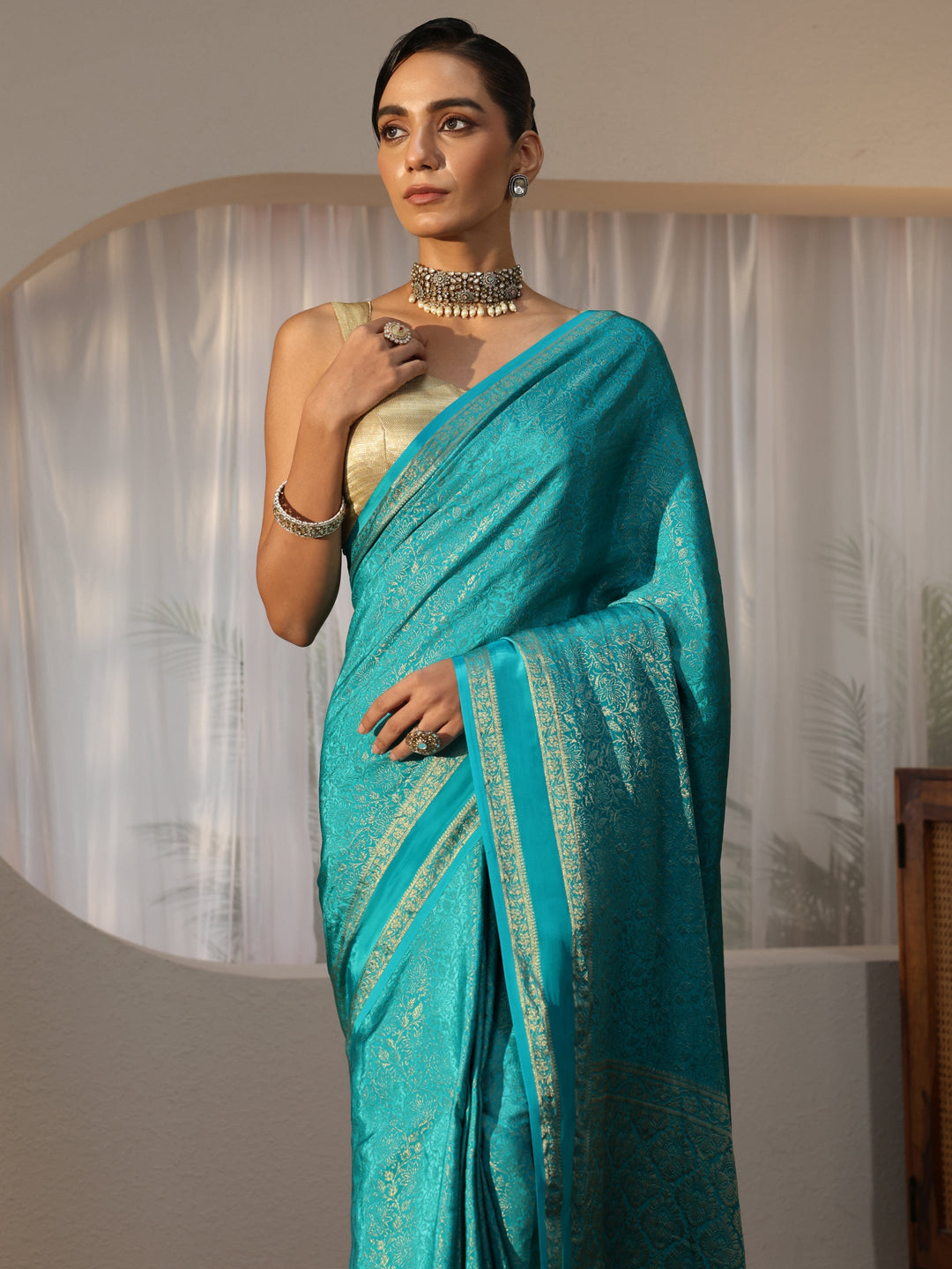  Teal Green Banarasi Silk Blend Saree 