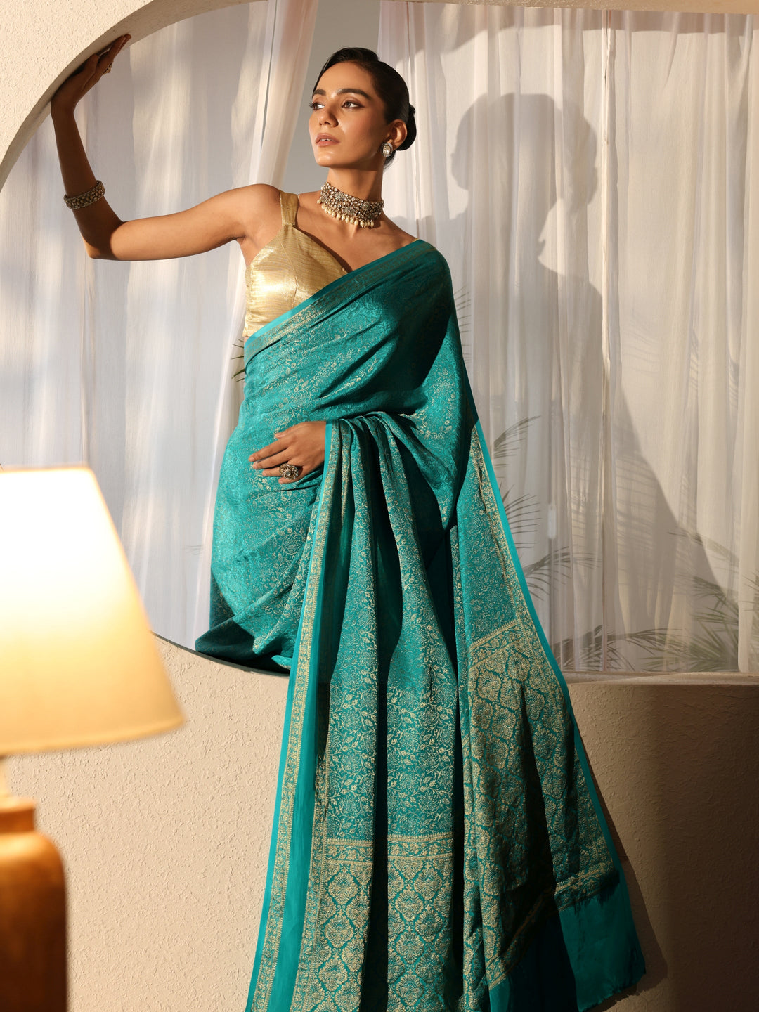  Teal Green Banarasi Silk Blend Saree 