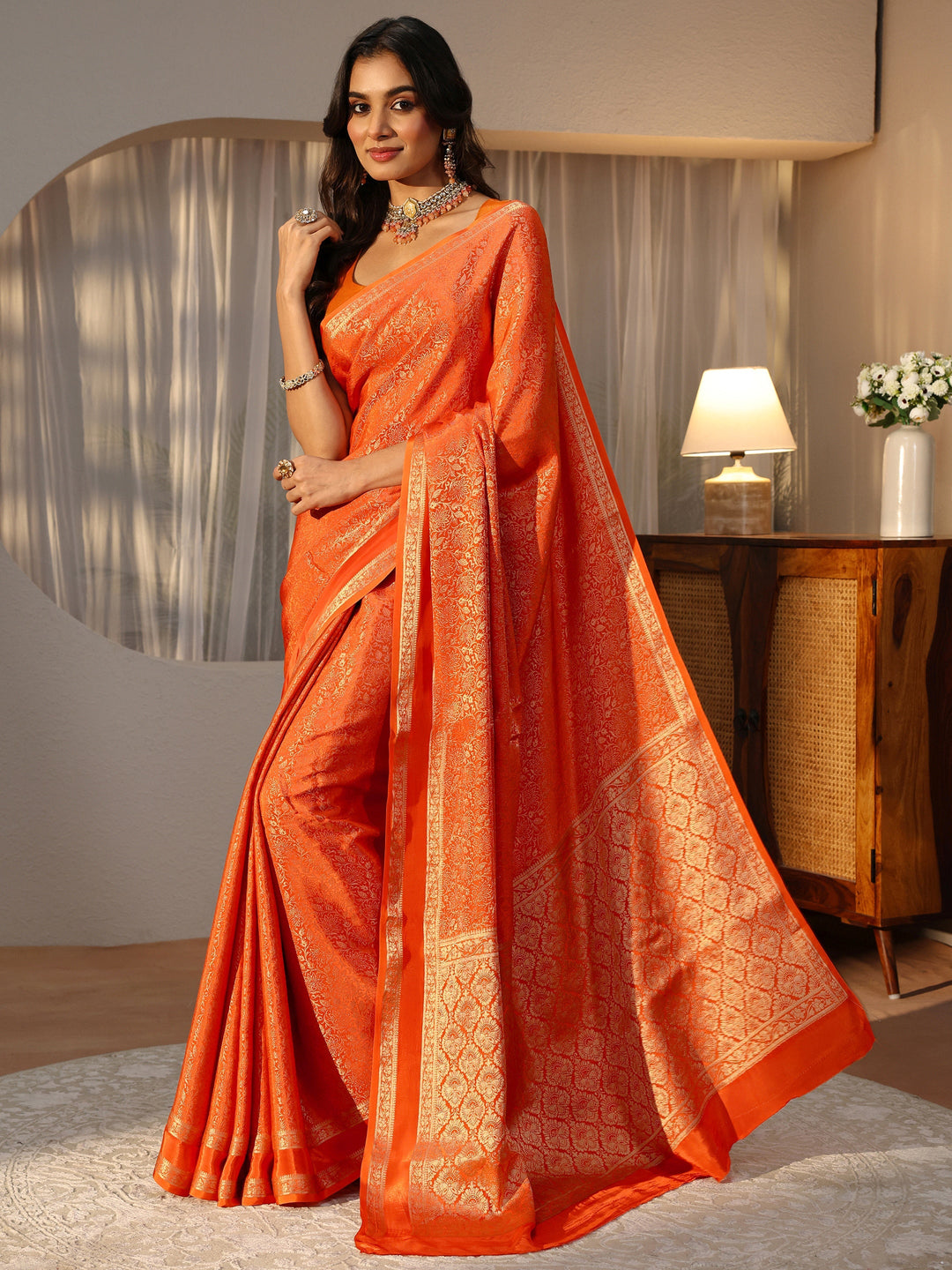  Orange Banarasi Silk Blend Saree 
