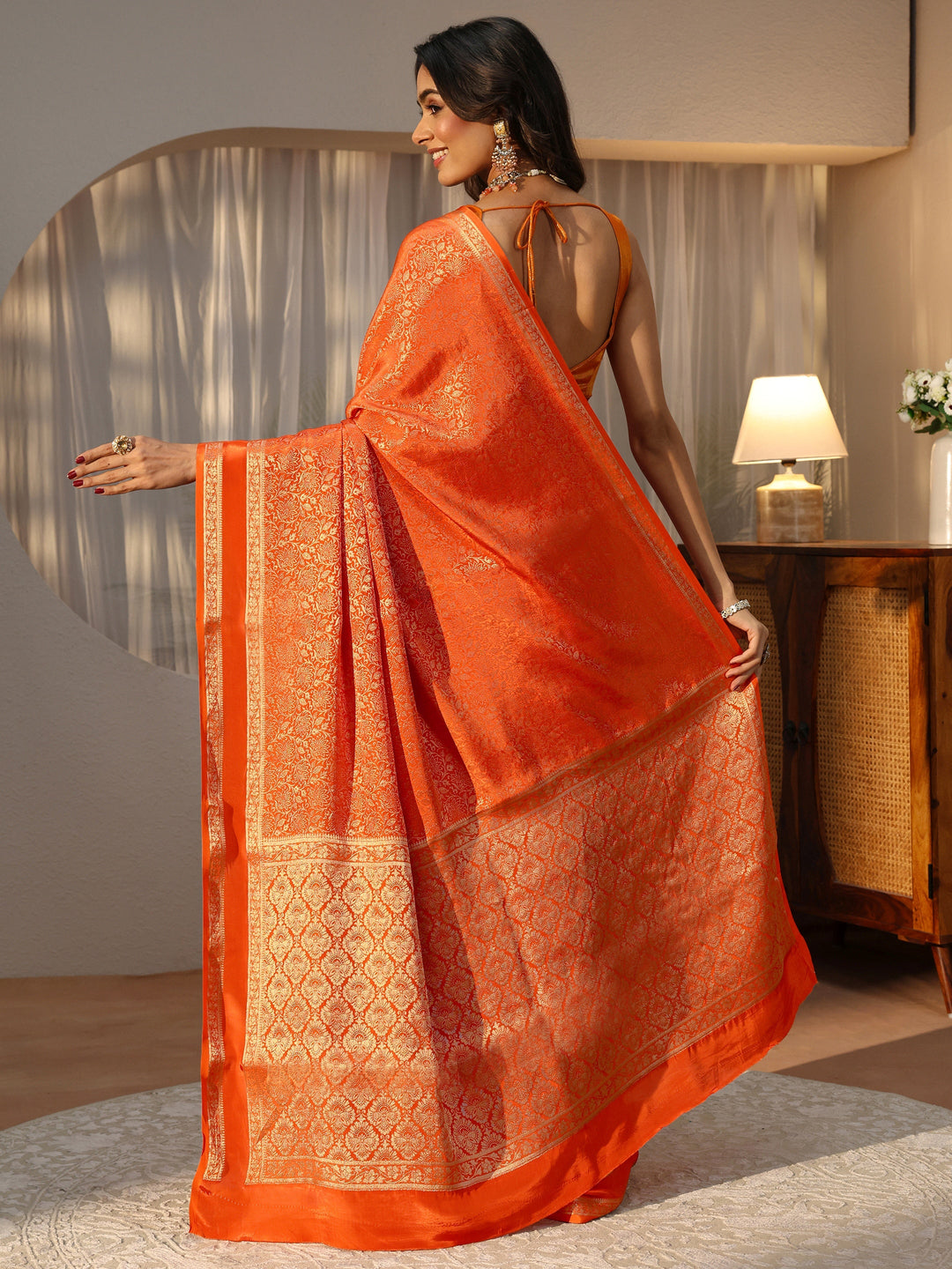  Orange Banarasi Silk Blend Saree 