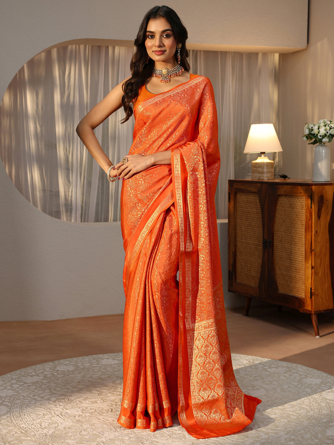  Orange Banarasi Silk Blend Saree 