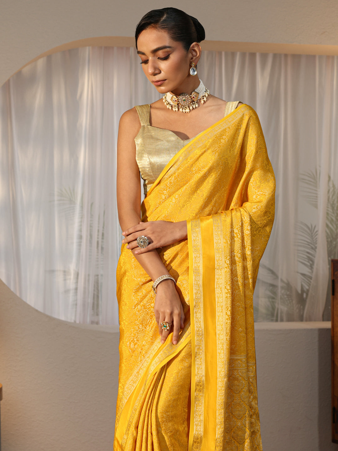  Yellow Banarasi Silk Blend Saree 