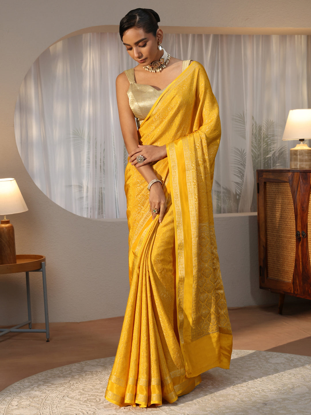  Yellow Banarasi Silk Blend Saree 