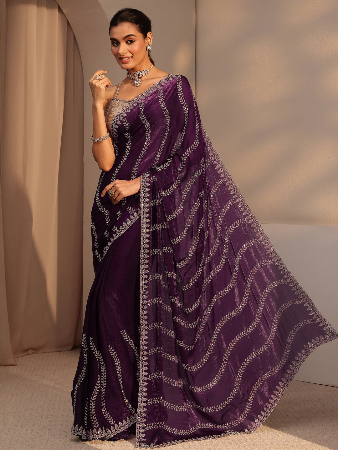  Burgundy Floral Embellished Tissue Saree 