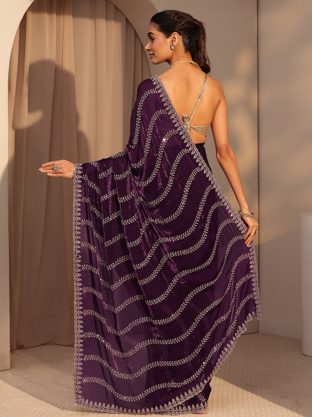  Burgundy Floral Embellished Tissue Saree 