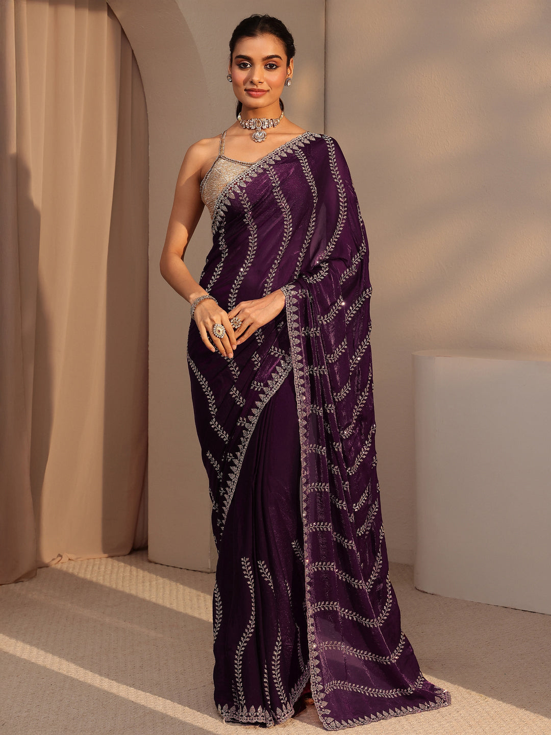 Burgundy Floral Embellished Tissue Saree 